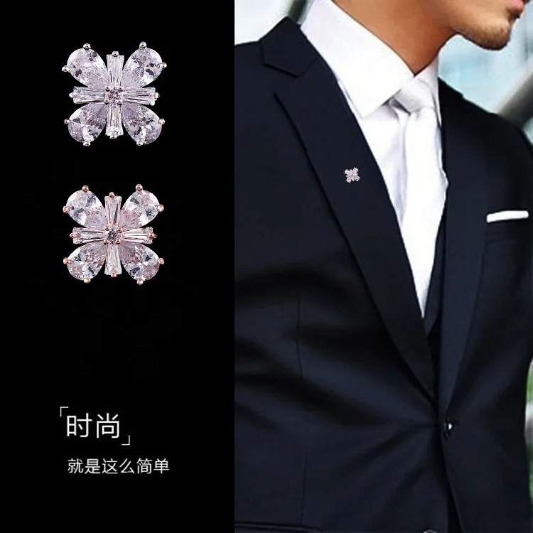 Crystal CZ clover lapel collar pin brooch mini high-grade Micro insert anti exposure shirt for lady or men | Украшения и