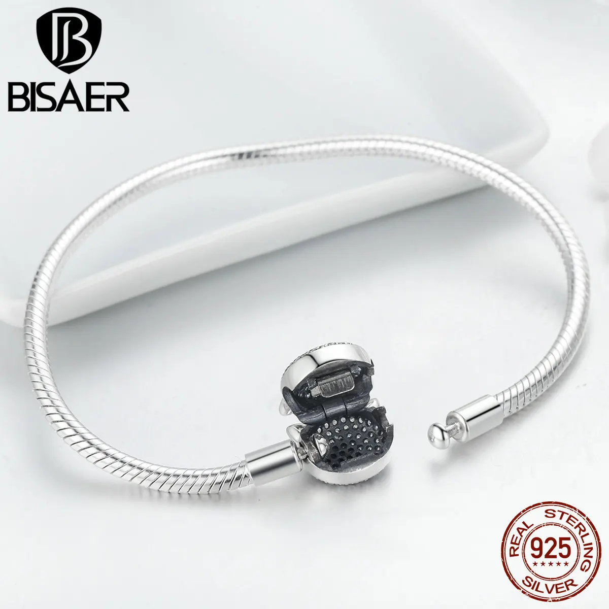 BISAER, настоящее 925 пробы, серебряная цепочка в виде змеи, кошачья цепочка, браслеты и браслеты на застежке в виде кошки, женские браслеты, хорошее ювелирное изделие, GXB053