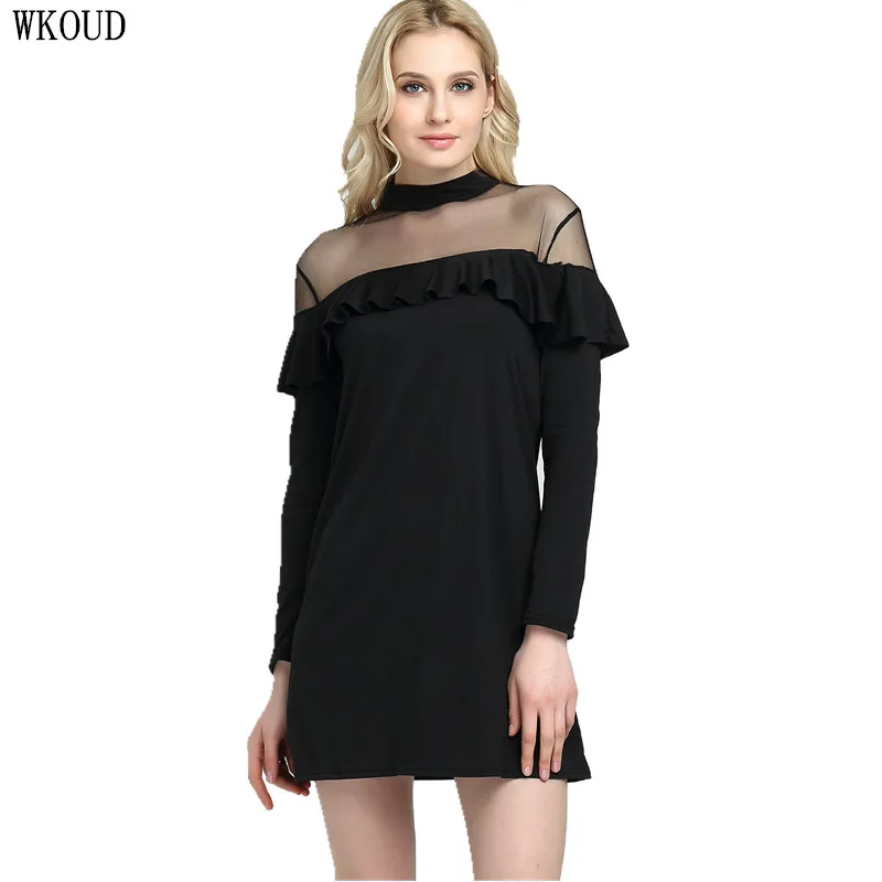 Женское Сетчатое платье WKOUD черное однотонное мини с длинным рукавом на весну