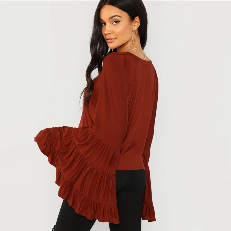 SHEIN, ржавчина, рабочая одежда, элегантная, Многоуровневая, с воланом, с рукавом колокол, с рюшами, с длинным рукавом, однотонная блузка, осень, минималистичные Женские топы и блузки