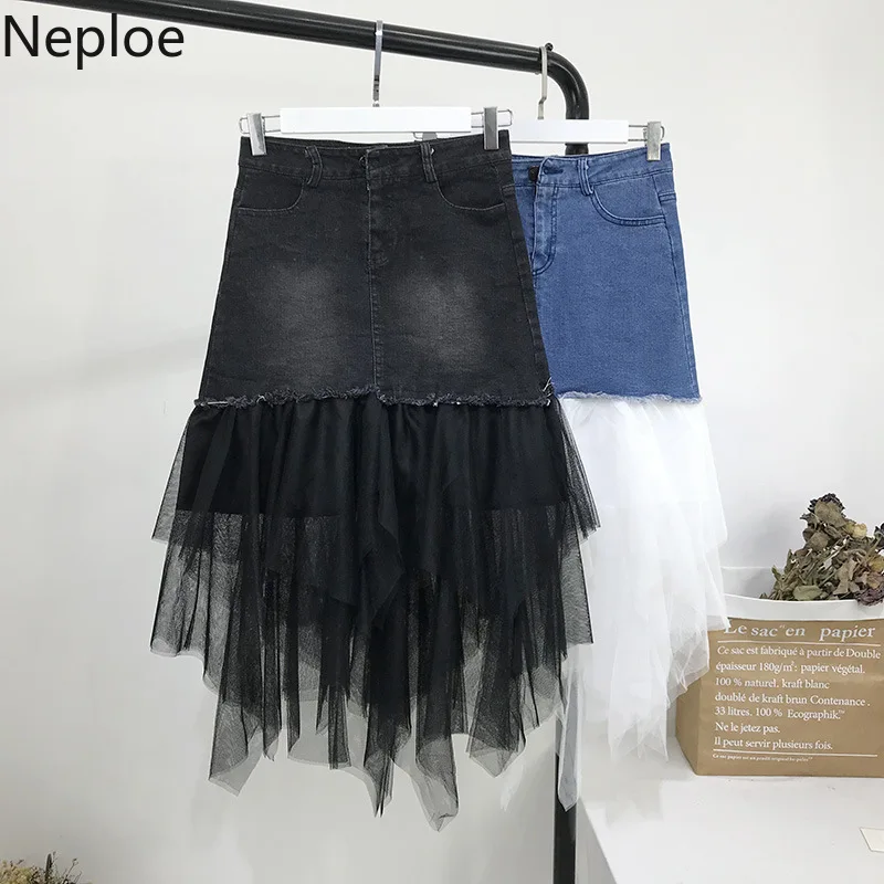 Женская джинсовая сетчатая юбка Neploe Юбка До Колена в Корейском стиле с карманами