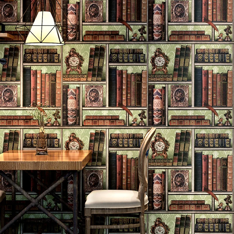 

3D space creative bookshelf wallpaper library study American Retro European murals cafe Chinese TV background wall wallpaper