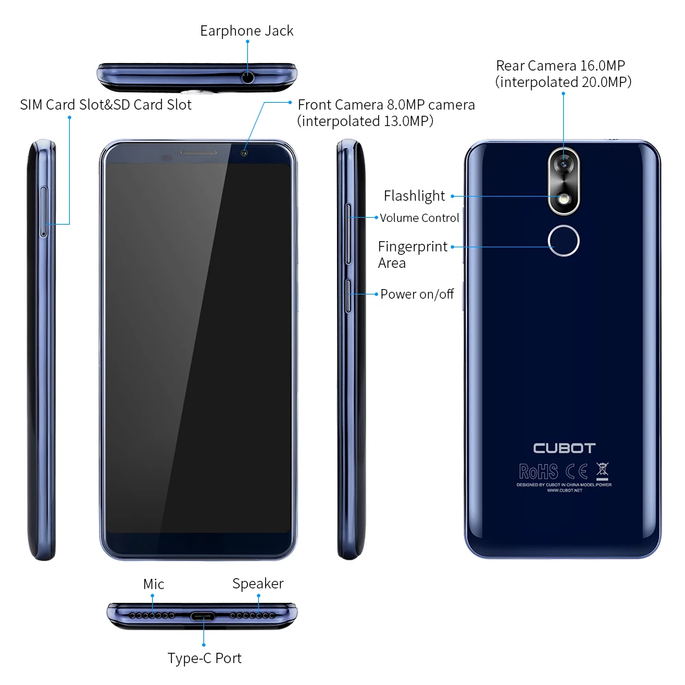 Смартфон Cubot power 6000mAh 6GB+ 128GB 5,99 ''18:9 FHD+ Android 8,1 Helio P23 Octa Core 6P объектив 20.0MP Dual 4G LTE отпечаток пальца