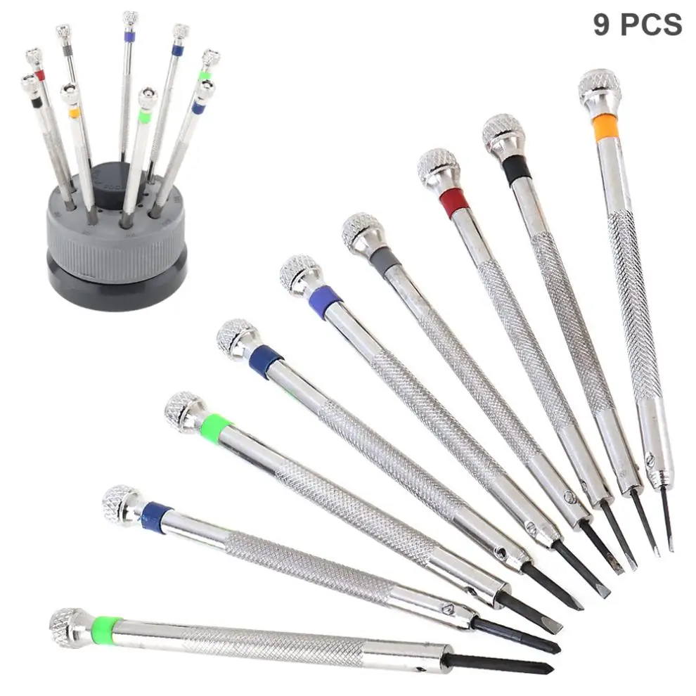 

9pcs/lot Professional 0.6mm-2.0mm Pure Steel Screwdriver with Slotted and Philips Screw Head for Watch /Glasses Repair