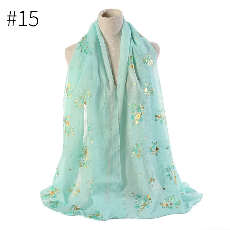 15 mint green Женский Блестящий цветочный хиджаб тонкий шарф Хлопок мусульманский платок мерцающие шарфы с цветочным принтом обертывания повязка на голову длинные шали легкие - Цвет: 15 mint green