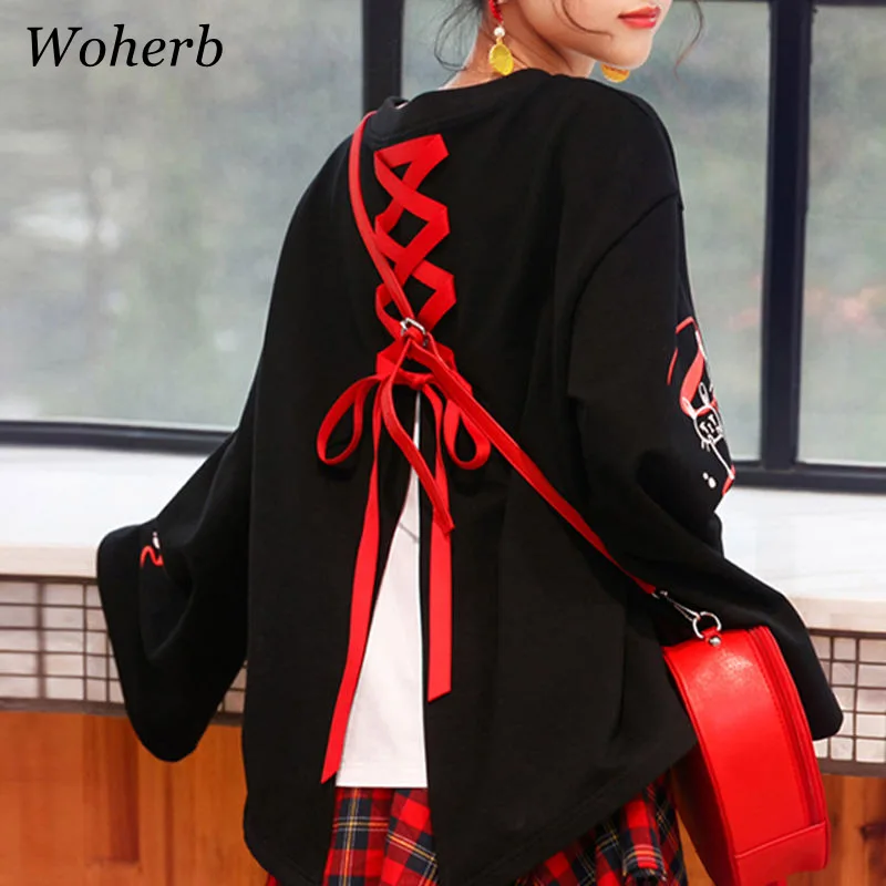 Woherb, японская футболка с длинным рукавом для женщин, Kawaii, мультяшный принт, топы, Перекрещенные сзади, повязка, футболка, Harajuku, рубашки 21090