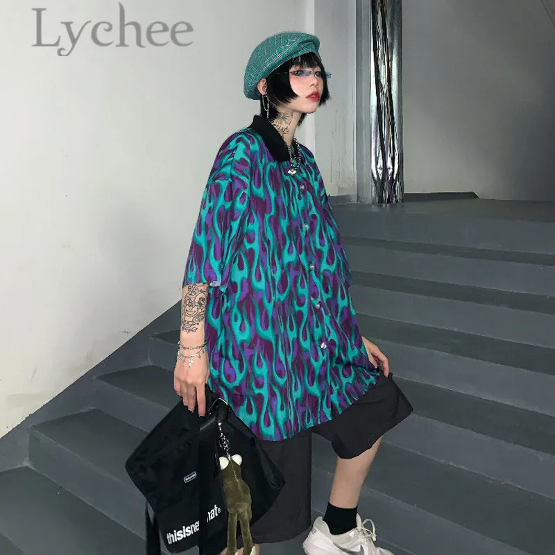 Lychee уличная женская блузка с принтом пламени, летняя рубашка, короткий рукав, отложной воротник, хит цвета, свободная женская рубашка, блузка
