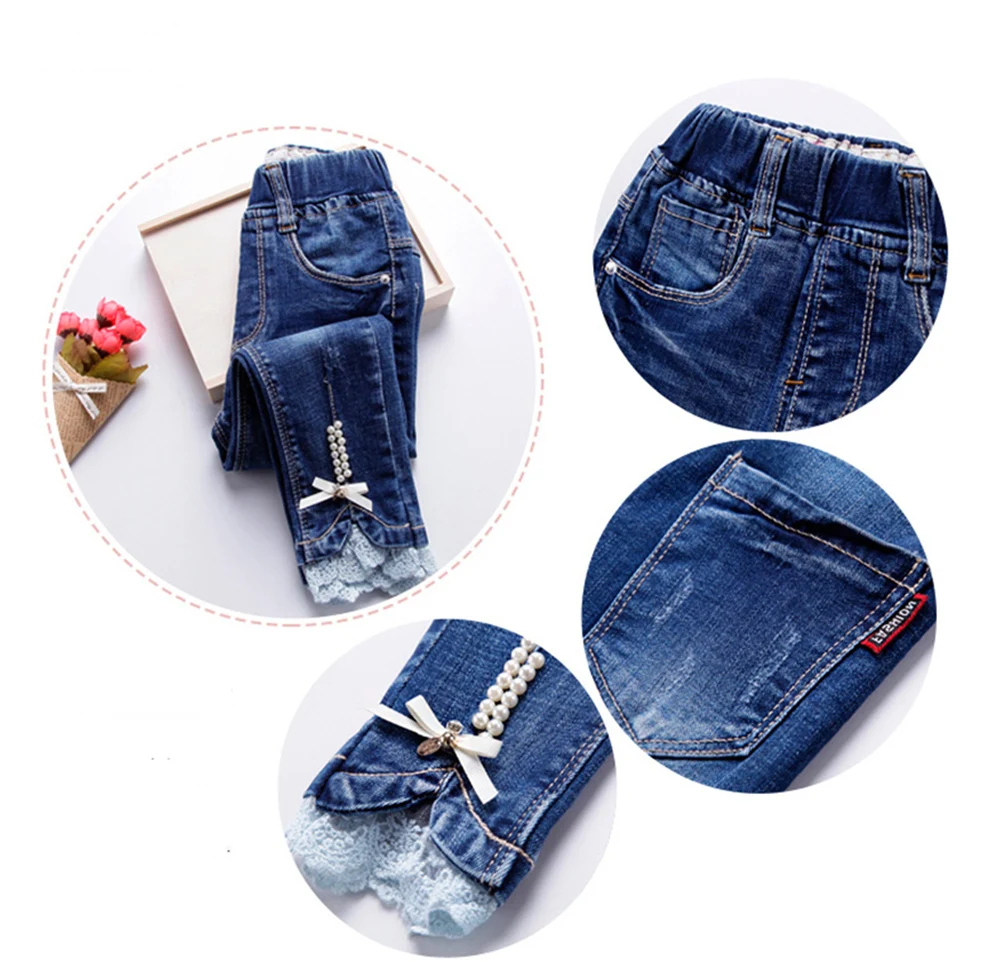 Демисезонные джинсы с Жемчужной Лентой повседневные брюки одежда для девочек