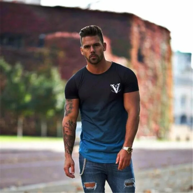 Black and blue YEMEKE Новая мода Мужская футболка фитнес спорт досуг короткий рукав личность двойной цвет дизайн Высокое качество Мужская одежда - Цвет: Black and blue