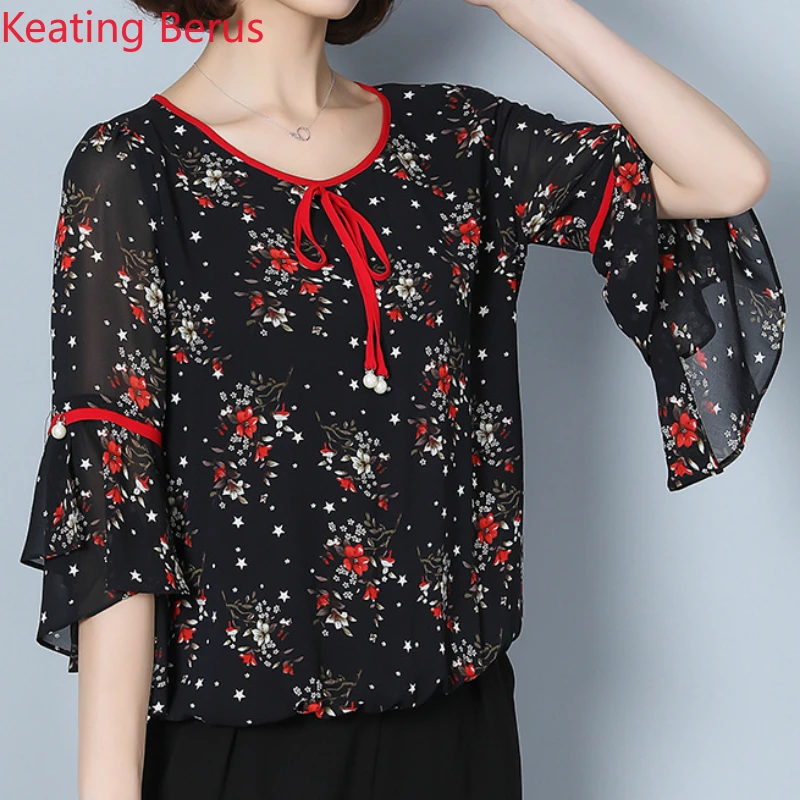 Летние топы шифоновая блузка женская рубашка модная 2018 с расклешенными рукавами