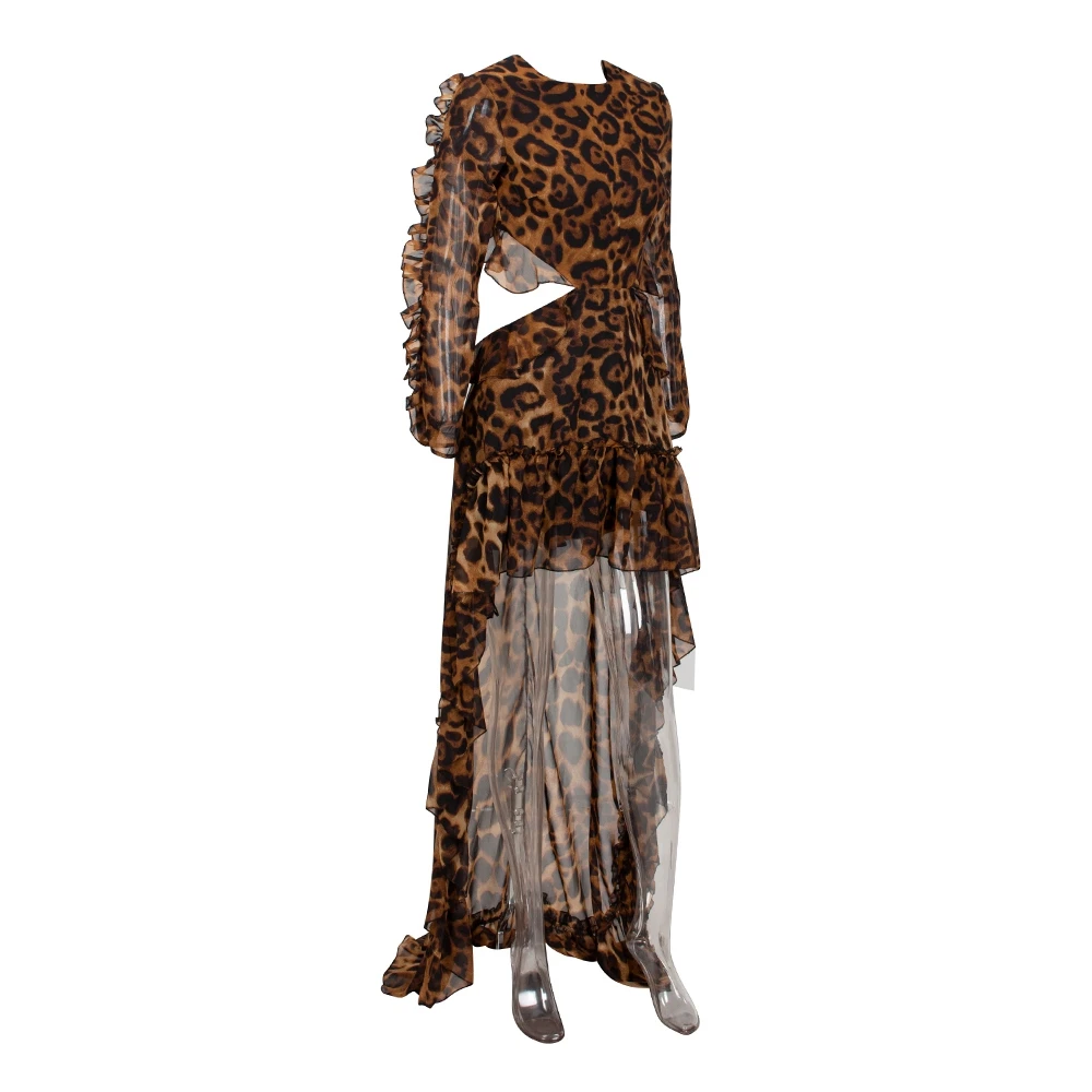 Женское леопардовое длинное платье с длинным рукавом и круглым вырезом