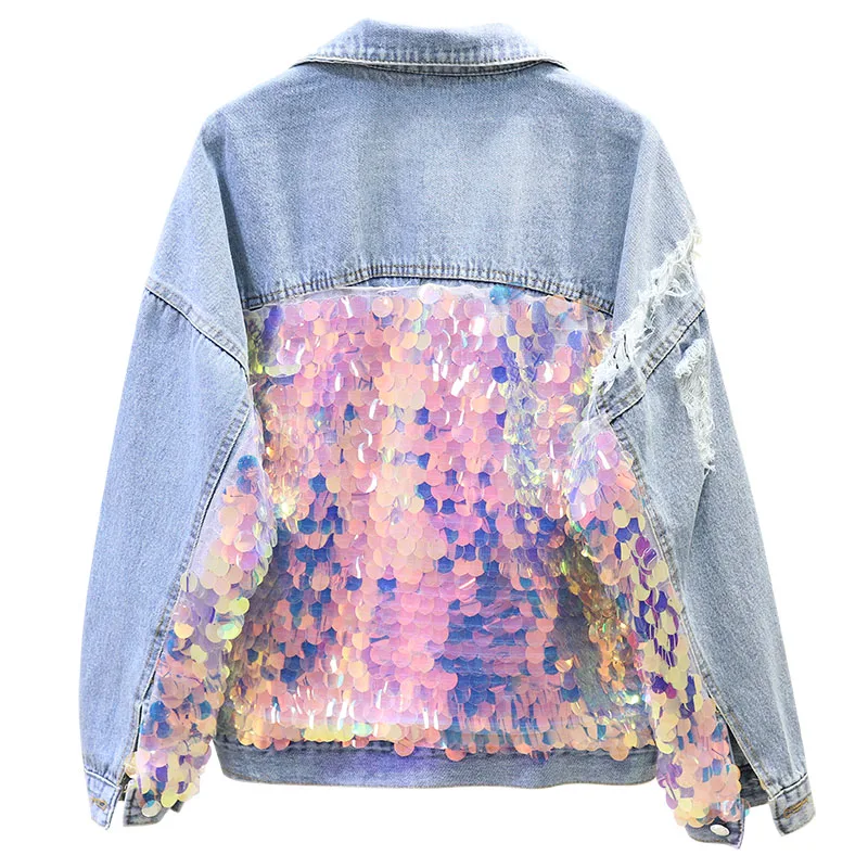 Spring Autumn 2019 New Sequins Holes Cowboy Short Jacket Loose Long-sleeved Studded Jackets Student Green Coat Women | Женская одежда