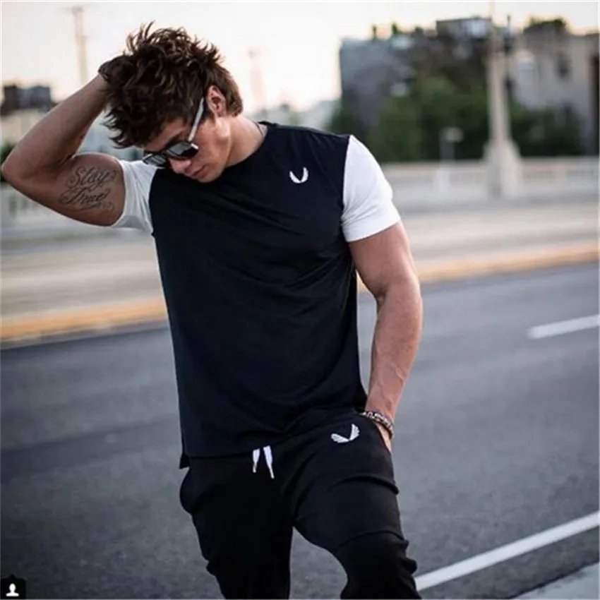 Men's sports new fitness fashion trend cotton stretch breathable slim short-sleeved T-shirt | Спорт и развлечения