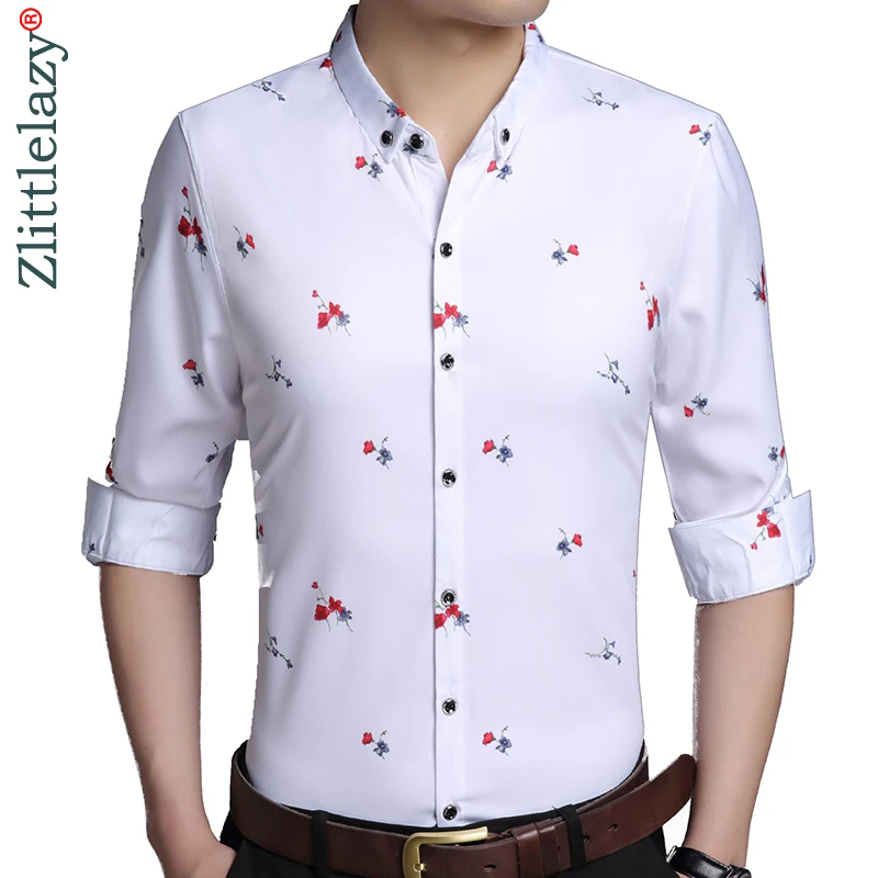 2019 social длинный рукав цветок Дизайнер рубашки для мужчин slim fit винтажная мода