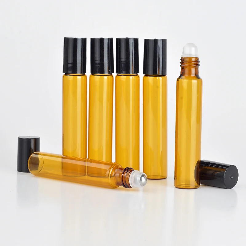 

100pcs/lot 5ml 10ML Roll On Portable Amber Glass Refillable Perfume Bottle Empty Essential Oil Case With Plastic Cap