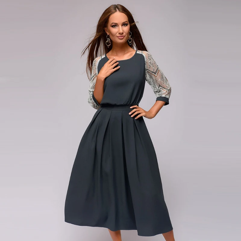 Женское винтажное кружевное платье Вечерние трапециевидной формы с рукавом три