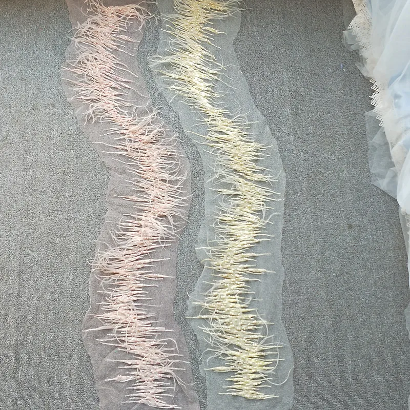 

3D Yellow Pearl Beaded Lace Trim with Ostrich feather for bridal veil, wedding gown , haute couture gowns