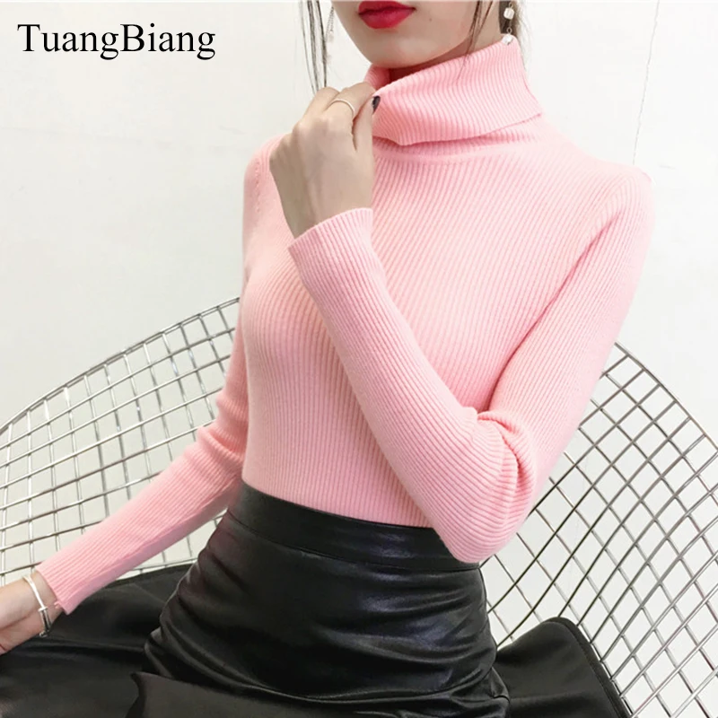 

2021 Autumn Winter Turtleneck Pullovers Pink Sweater Knit Elasticity Long Sleeve Vintage Sweater Feminino Solid Color Sweaters