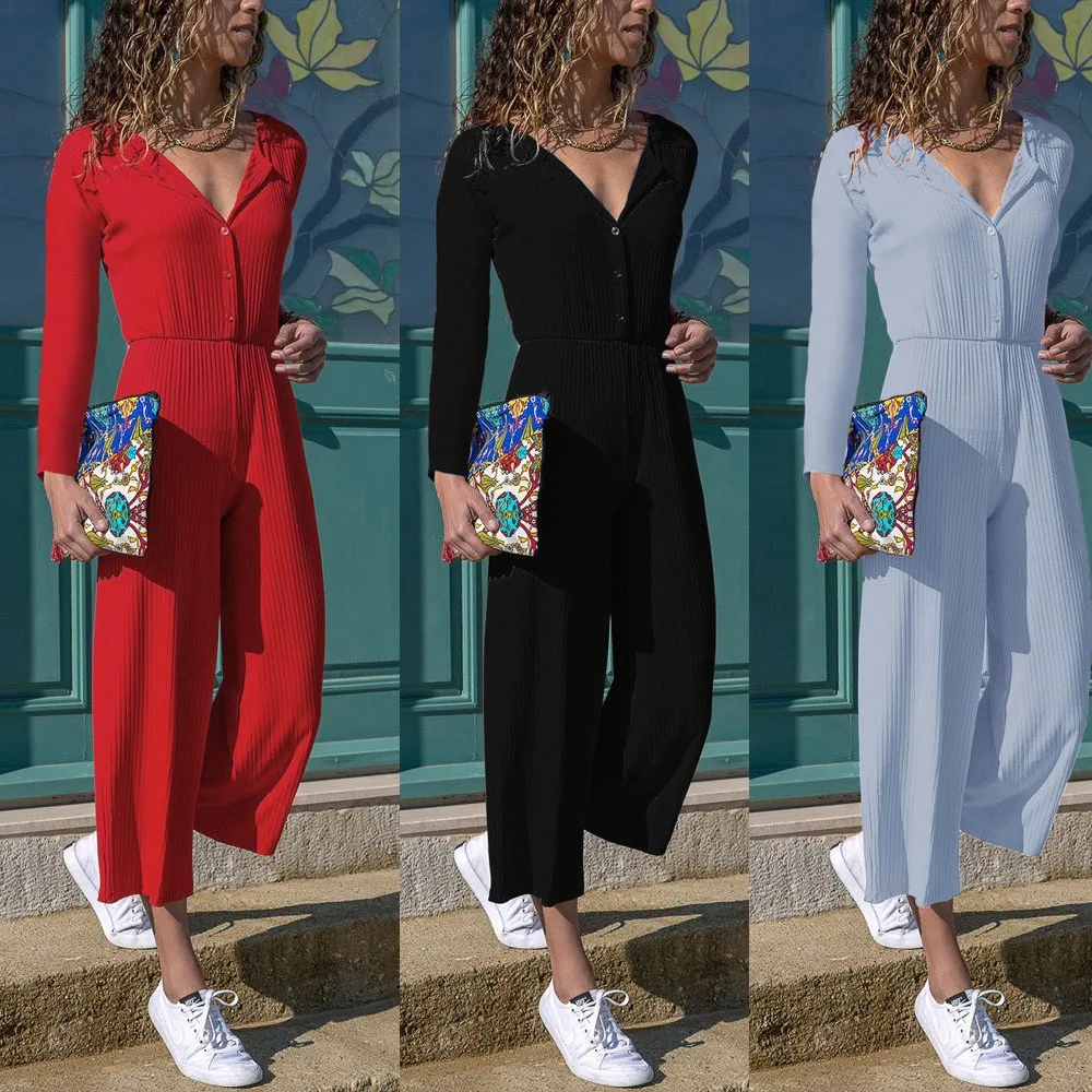 Женский мягкий и удобный комбинезон с V-образным вырезом длинным рукавом