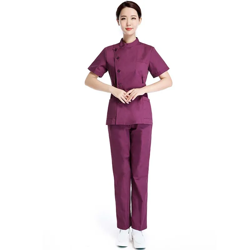 purple set Женская медицинская униформа, скраб, набор одежды для больниц, тонкая, подходит для зубов, скрабы для салона красоты, униформа медсестры, регулируемый пояс, топ+ штаны - Цвет: purple set