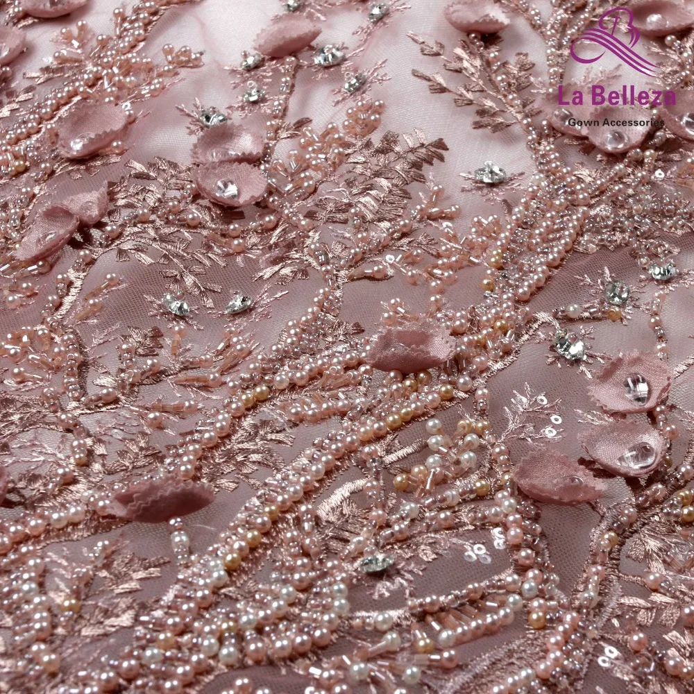 La Belleza handmade beaded crystal ivory 3D flowers evening ddress lace fabric 1 yard SNB3D801