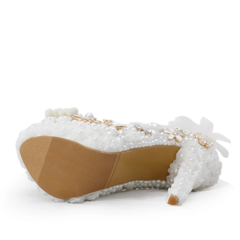 Туфли свадебные с жемчугом высокий каблук туфли-лодочки платформа кружевом
