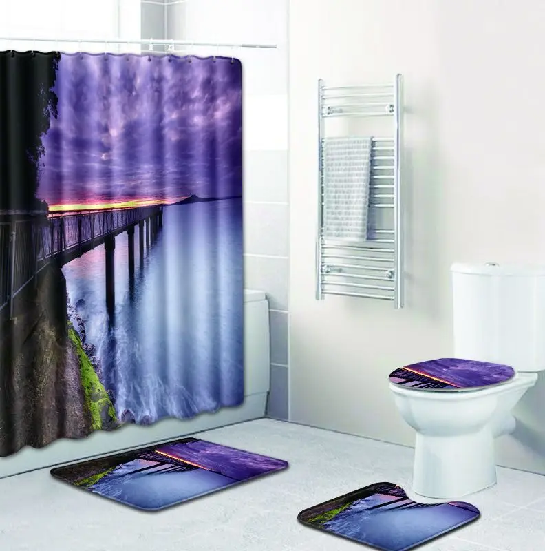 Bath Mats Bathroom Set Carpet Scape Shower Curtain Anti Slip Toilet Seat Covers 3D 4pcs Mat Accessories Home Decor | Дом и сад