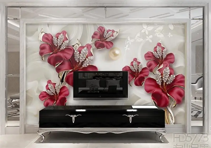 

Настенные 3d обои для гостиной на заказ, нетканые фотообои с изображением красных ювелирных украшений, цветов, живопись, 3d настенные фрески