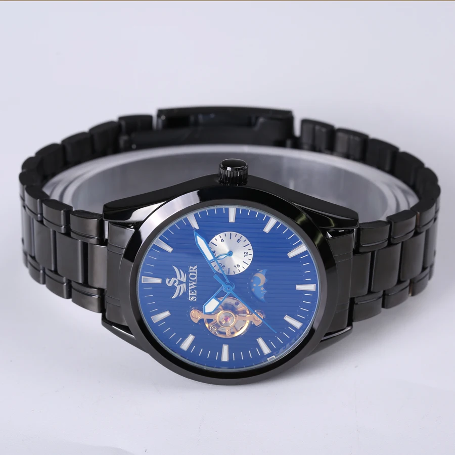 Sewor2018 top brand 24 hours automatic mens watches black steel multifunction tourbillon mechanical watch luxury reloj hombre | Наручные