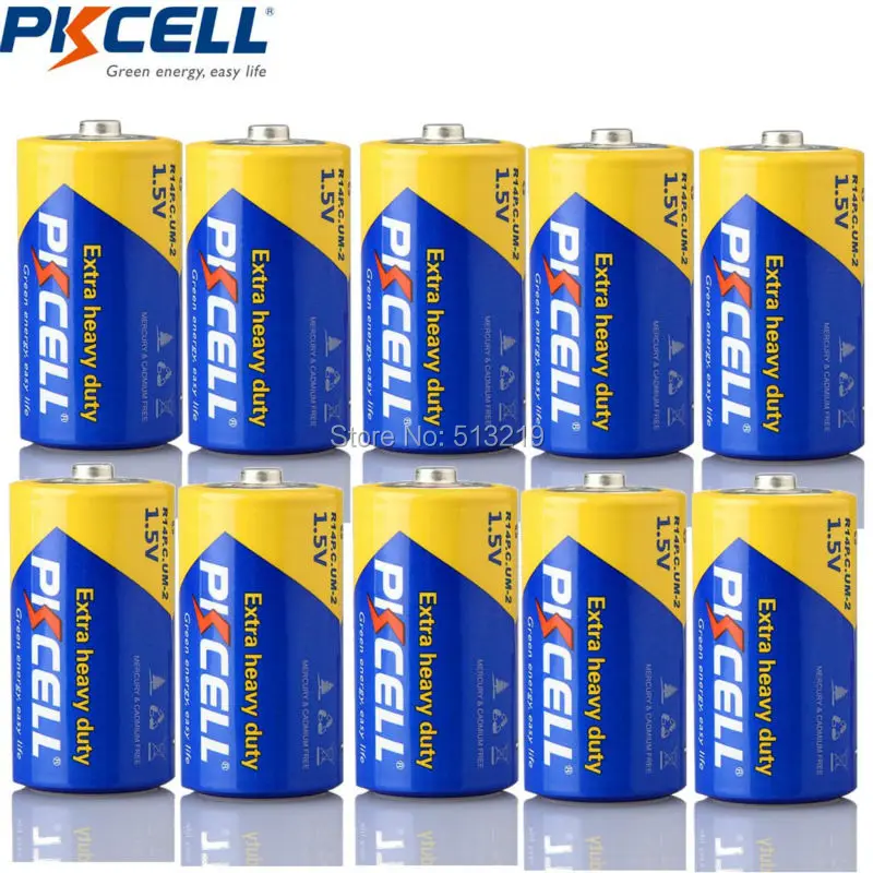 

10 шт. PKCELL C размер батареи R14P UM2 Batteria 1,5 V сверхмощная сухая ячейка углеродная цинковая батарея