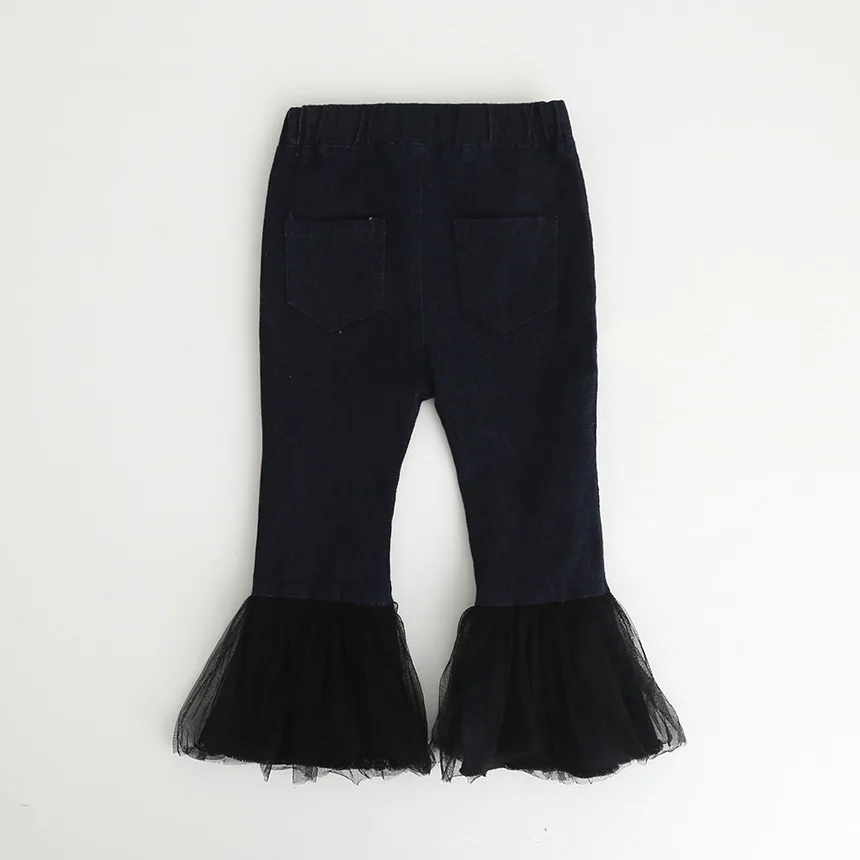 Meninas деним джинсы с кружевом для девочек модные Pantalones Campana маленьких осенние