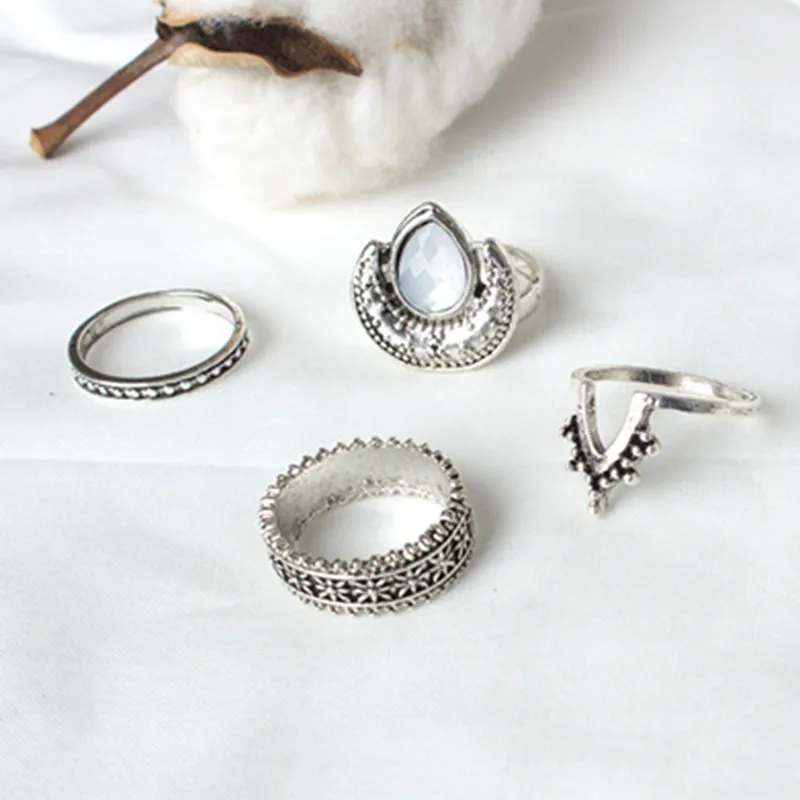 Винтажные средние фаланговые Кольца Набор для женщин Серебряный Античный полый