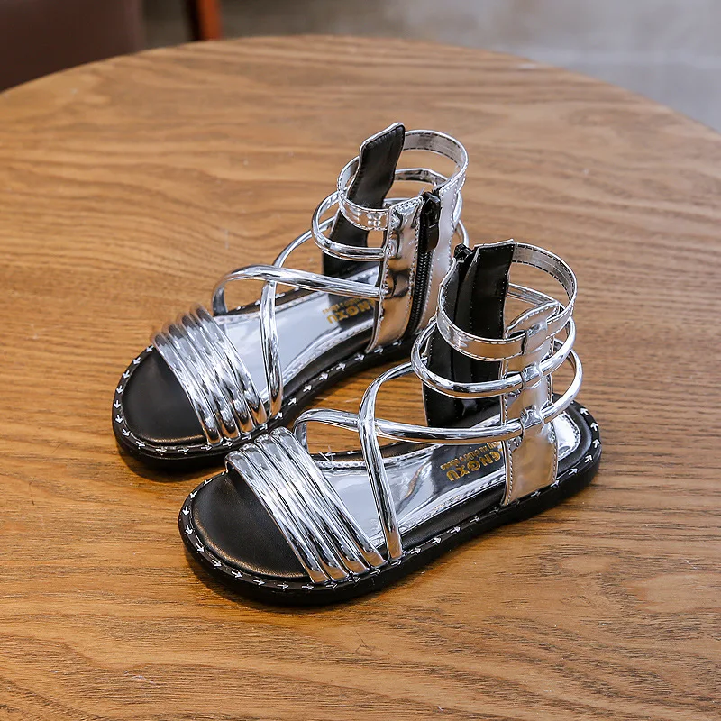 2019 г. Летние Стильные блестящие римские сандалии для девочек детские с капюшоном