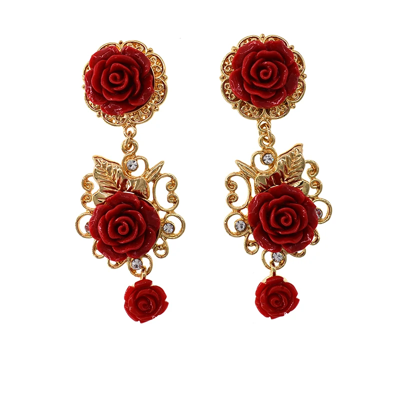 

vintage earring jewelry red flowers baroque retro earrings women wedding accessories baroque retro design fashion jewelry gifts