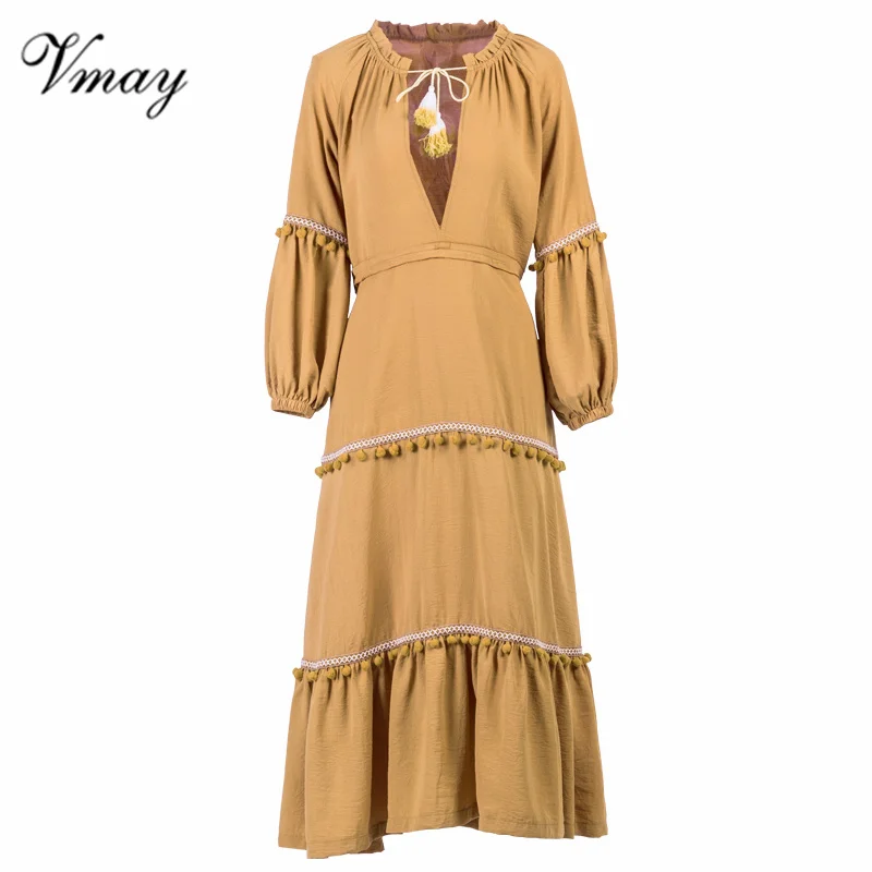 Vmay 2018 New Arrival Women Elegant Bohemian Long Dresses V-Neck Lantern Sleeve Tassel Patchwork Boho Maxi Dress V1710419 | Женская