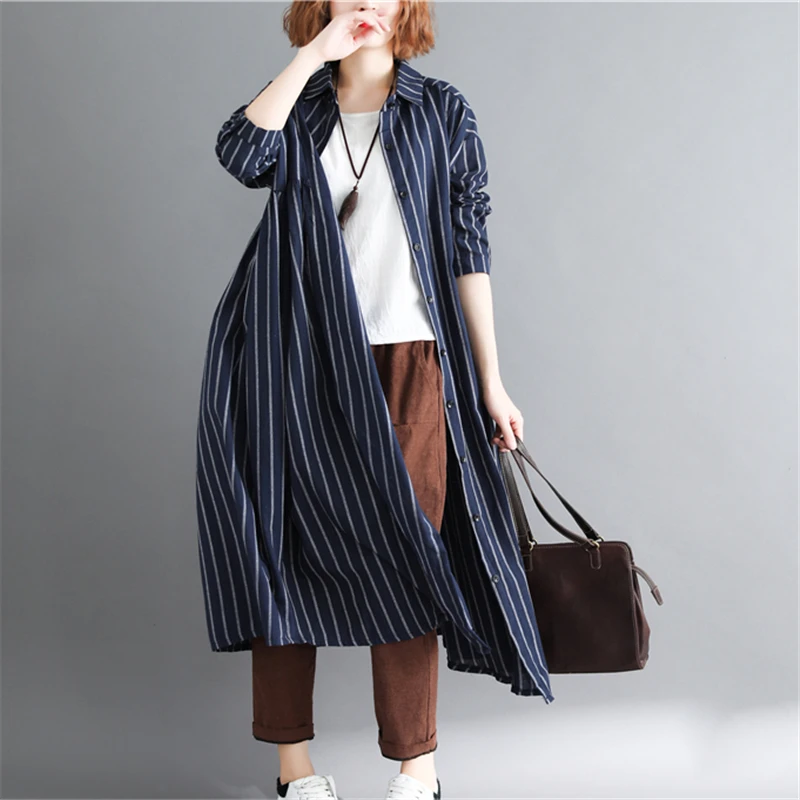 

Spring New Cotton And Linen Vertical Striped Shirt In The Long Paragraph Loose Large Size POLO Collar Long-Sleeved Shirt Women