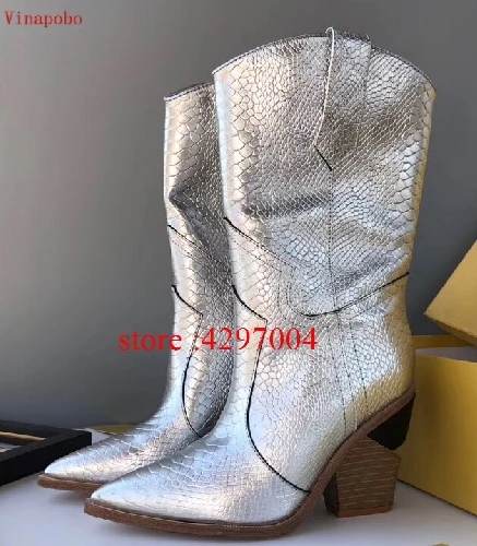 Spring New Cowboy Boots For Women Pointed Toe ankle Boots snake pattern Mid-calf Women Boots Chunky Wedges Boots Runway - Цвет: as the picture