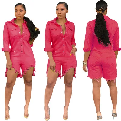 2019 женский джинсовый Ромпер выше колена на пуговицах с отложным воротником и