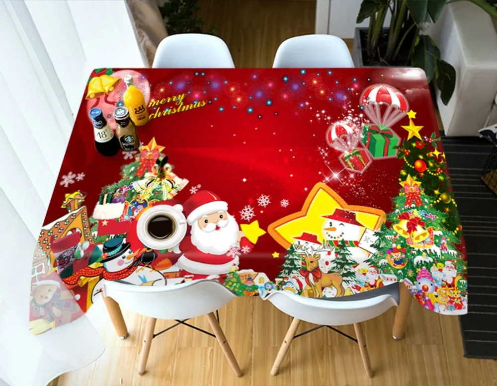 3d Red Christmas Tablecloth Santa Claus Sled Dog Washable Cotton Cloth Thicken Rectangular and Round Wedding Table | Дом и сад