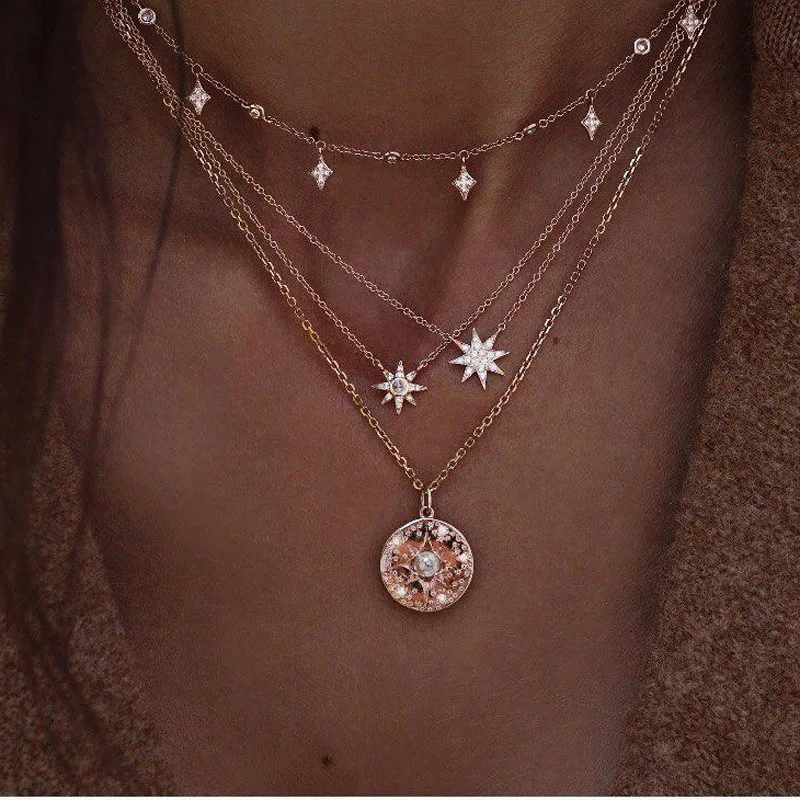 

2019 new multi-layer crystal moon pendant necklace ladies retro charm necklace necklace party jewelry accessories