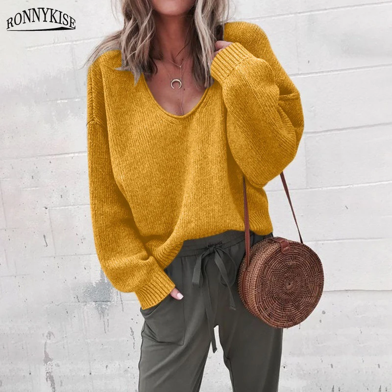 RONNYKISE Sexy V-neck Knitted Sweaters Women Fashion Long Sleeve Casual Tops Autumn Winter | Женская одежда