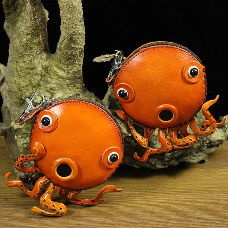 

Octopus Genuine Leather Coin Pocket Cow leather Wallets Bags Cute Monney Earphone Storage Bag Card Holder Change Purse