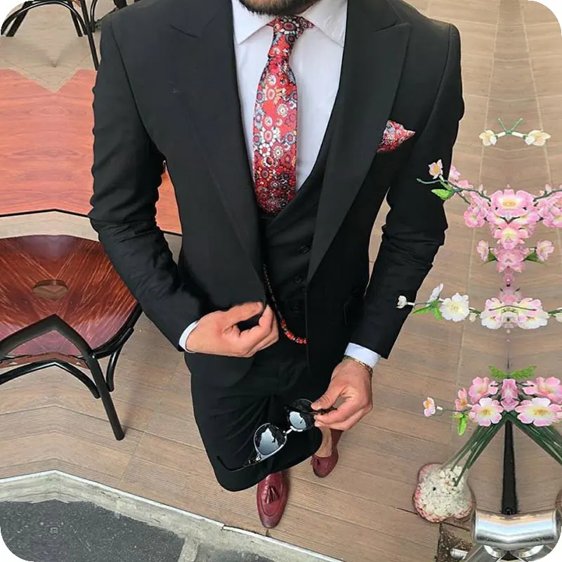 

Custom Made Black Men Suits Blazer Best Man Wedding Tuxedos Classic Groom Wear Wide Peaked Lapel Slim Fit Business Coat 3Piece