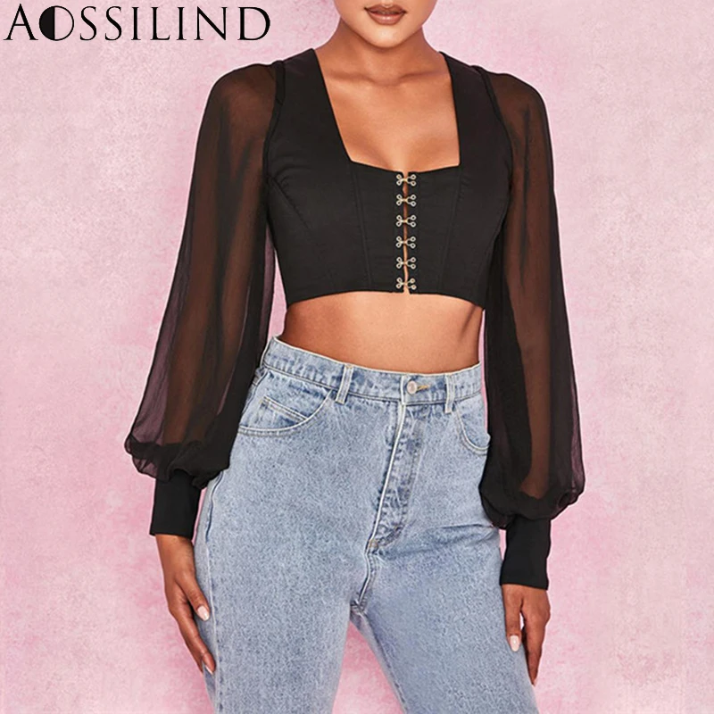 AOSSILIND модный фонарь рукав короткая блузка рубашка Женский черный квадратный