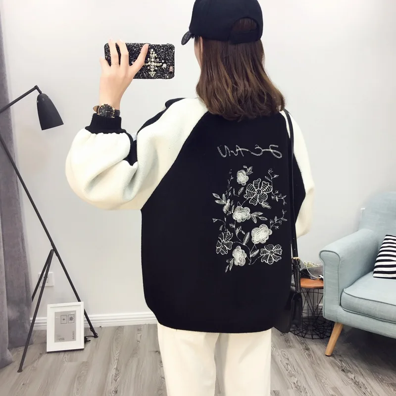 2017Autumn winter Women Sweater Coat Basic Baseball Jackets female jacket Coats Outerwear Patchwork knit Cardigans |