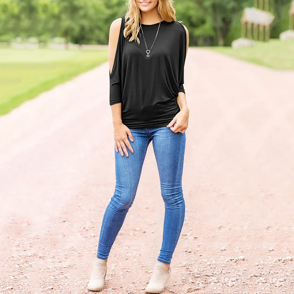 Женские блузки рубашки с открытыми плечами топы круглым вырезом рукав летучая