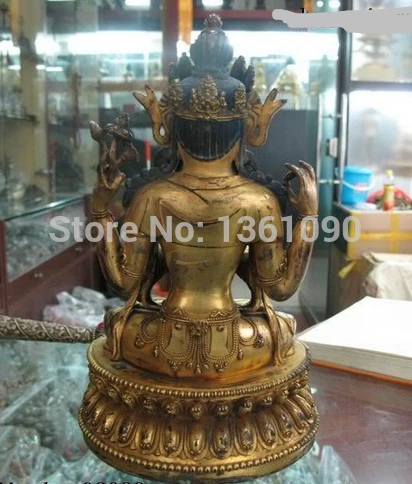 Xd 00664 10 &quotТибет Lhasa Fane чистая бронза 24K позолоченная четырехрука Kwan-Yin статуя Будды