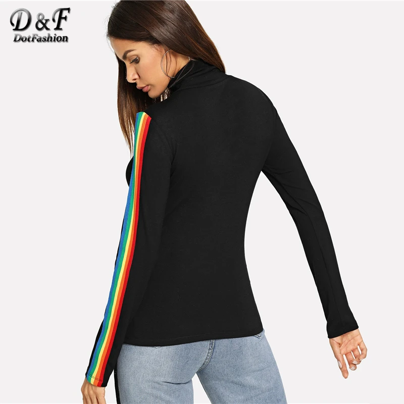 Dotfashion черный с высоким воротом в радужную полоску длинные рукава футболка рубашка с длинными рукавами Для женщин осенняя одежда топы, женская мода, футболки