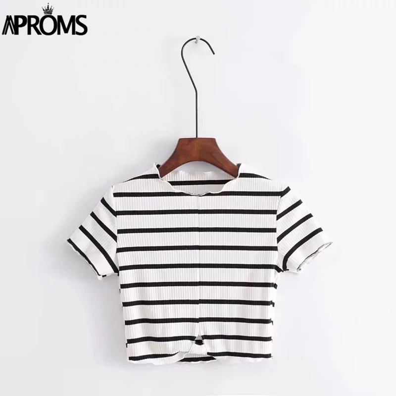 Black Stripe Aproms, желтая трикотажная футболка в рубчик, женская летняя футболка с оборками, короткий рукав, базовая футболка, уличная одежда, укороченный топ, женская укороченная футболка, футболки - Цвет: Black Stripe