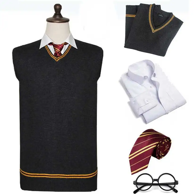 Бежевый Гриффиндор Слизерин Hufflepuff Ravenclaw свитер с v-образным вырезом и галстук рубашка жилет черный для магии Поттера Косплей - Цвет: Бежевый